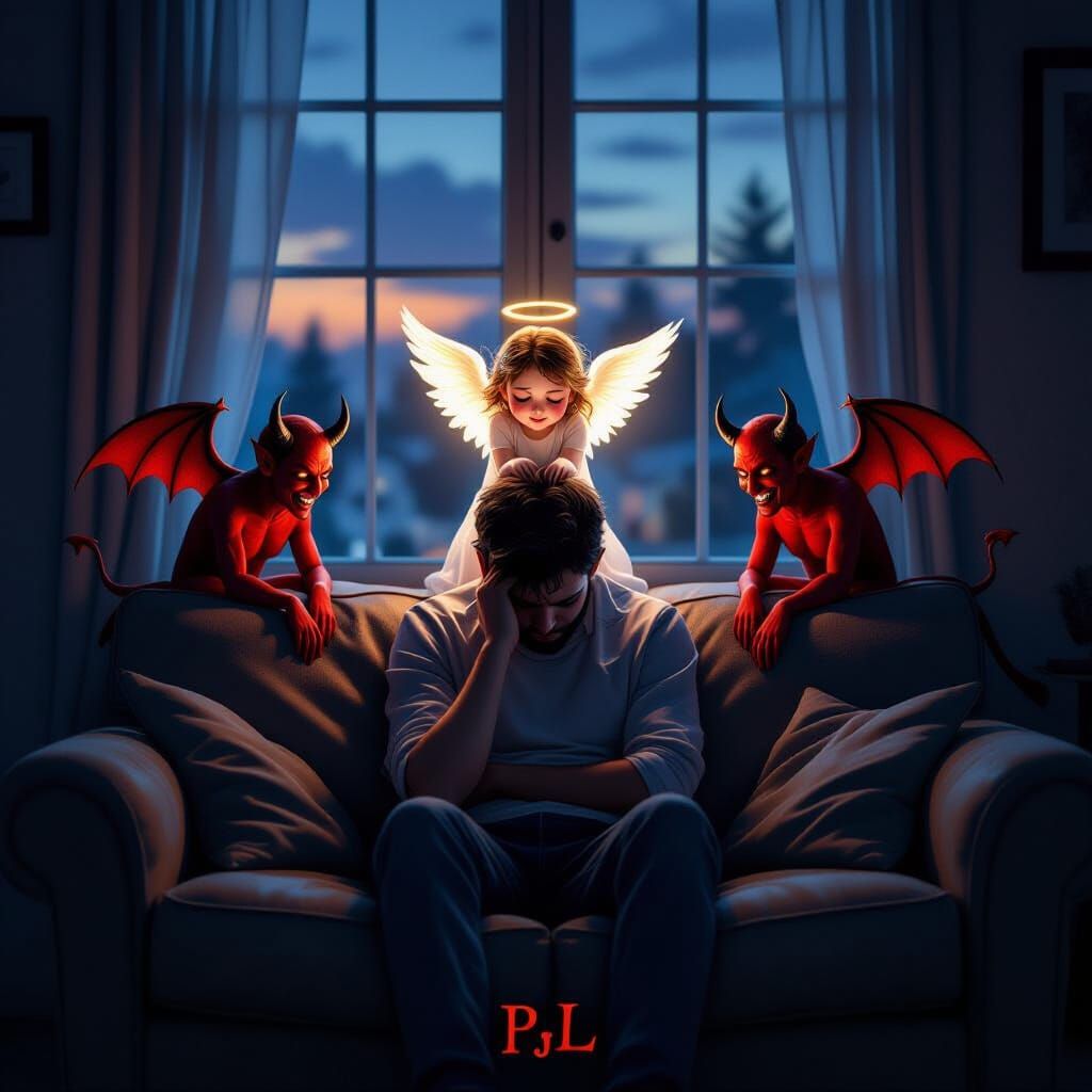 Inner Conflict Depicted in Watercolor: Angel and Devils Whis...