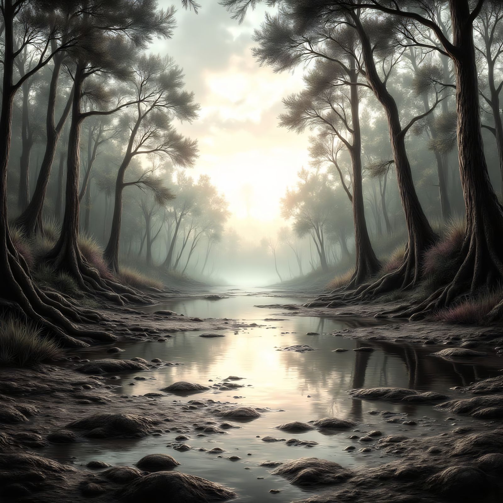 Coastal Mangrove Forest Oil Painting at Low Tide