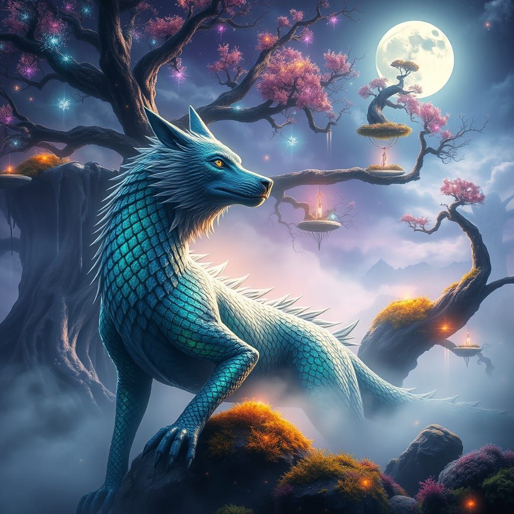Ethereal Forest Fantasy Scene with Majestic Wolf-Dragon
