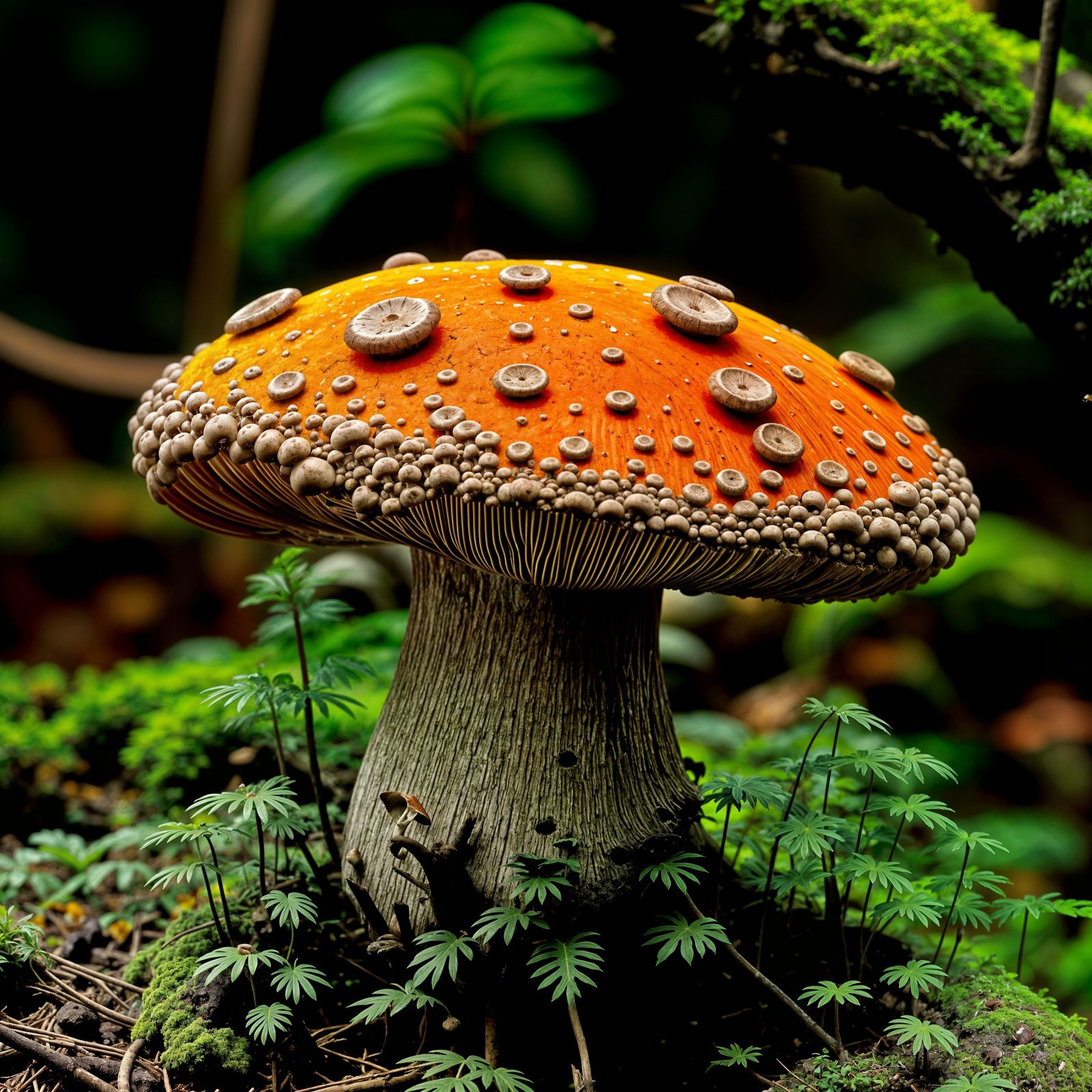 Colorful Mushroom in a Green Forest Landscape