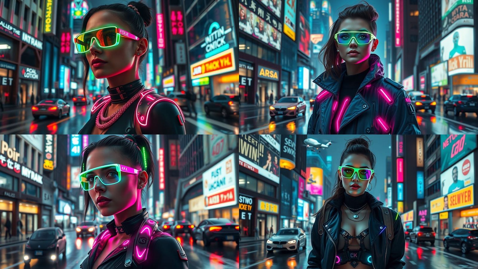Cyberpunk Woman with Neon Glasses in Futuristic City