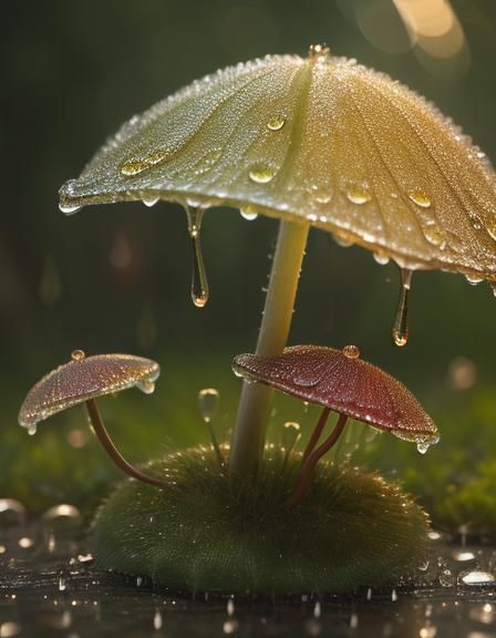 Autumn Mushrooms in Rain: Macro Photorealistic Photography