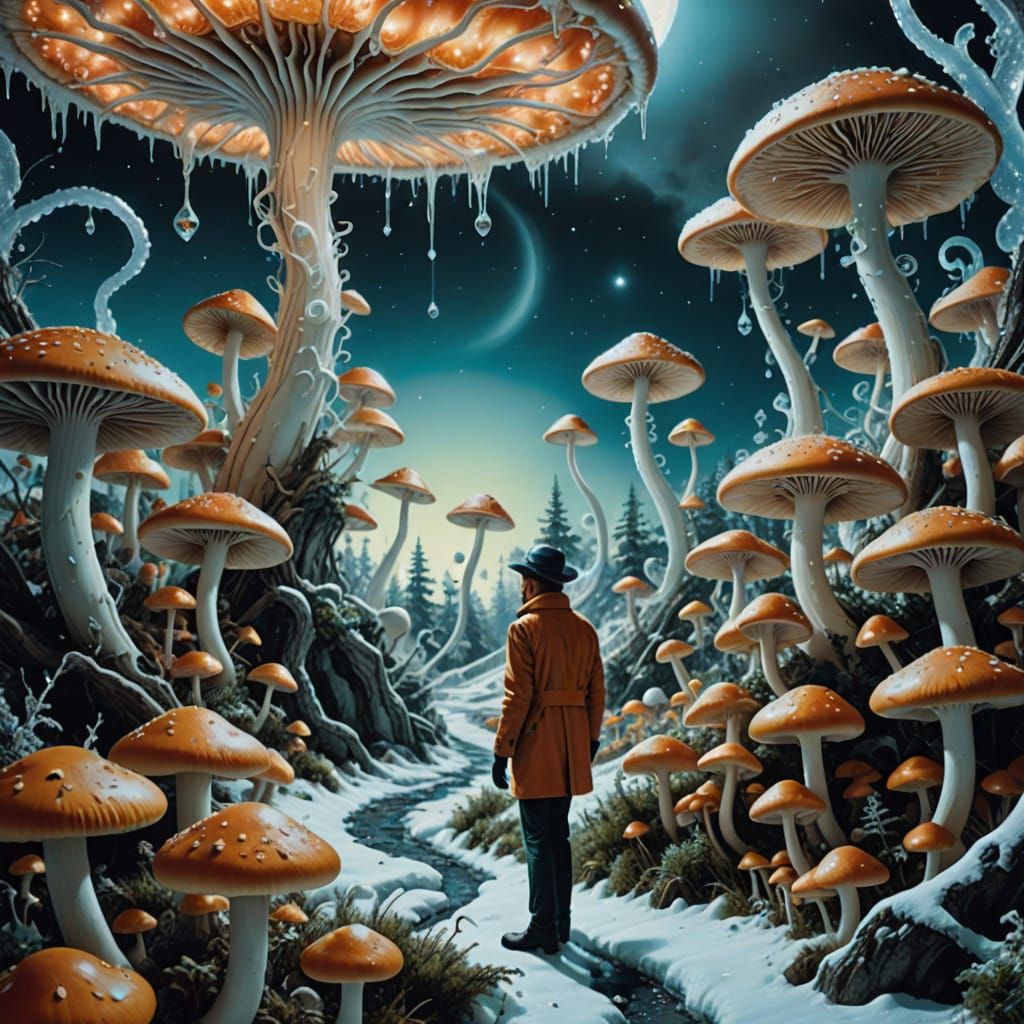 Surreal Fungi Encounter in Whimsical Alien Landscape