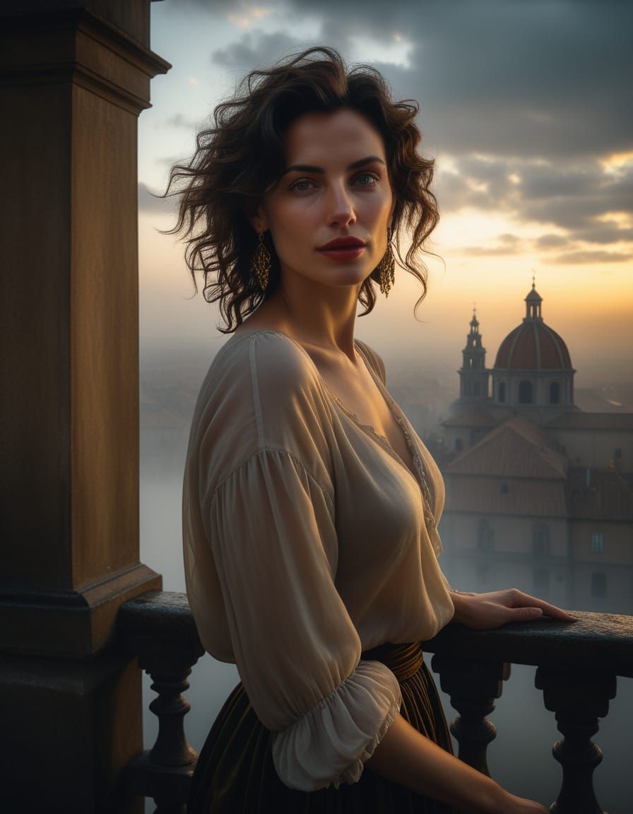 Woman on Terrace in Rainy Cityscape: Baroque Oil Painting