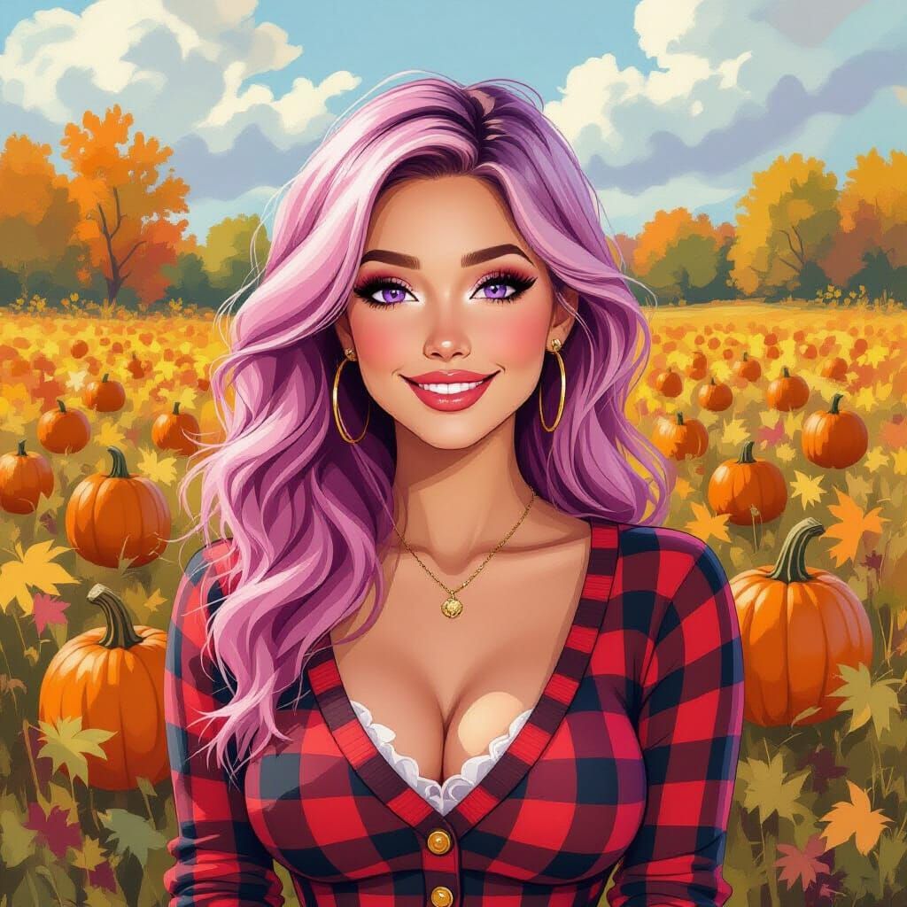 Woman in Pumpkin Patch, Gouache & Watercolor Style