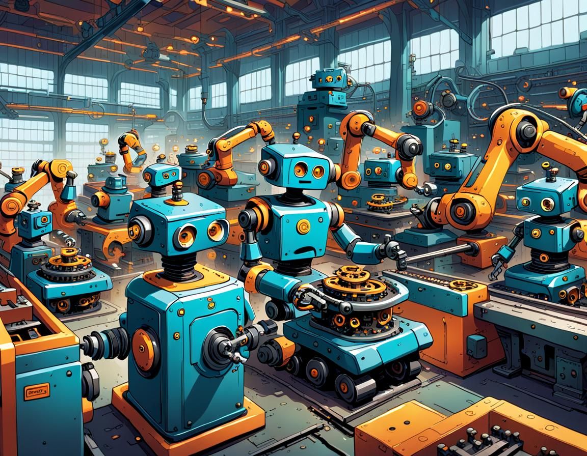 Friendly Robots Work in a Grand Cartoon Factory