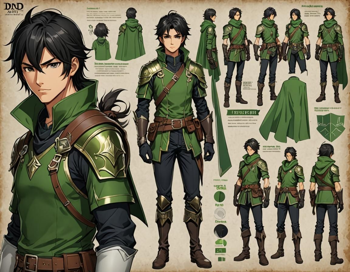 Dnd Character sheet, male human ranger with dark hair and gr...