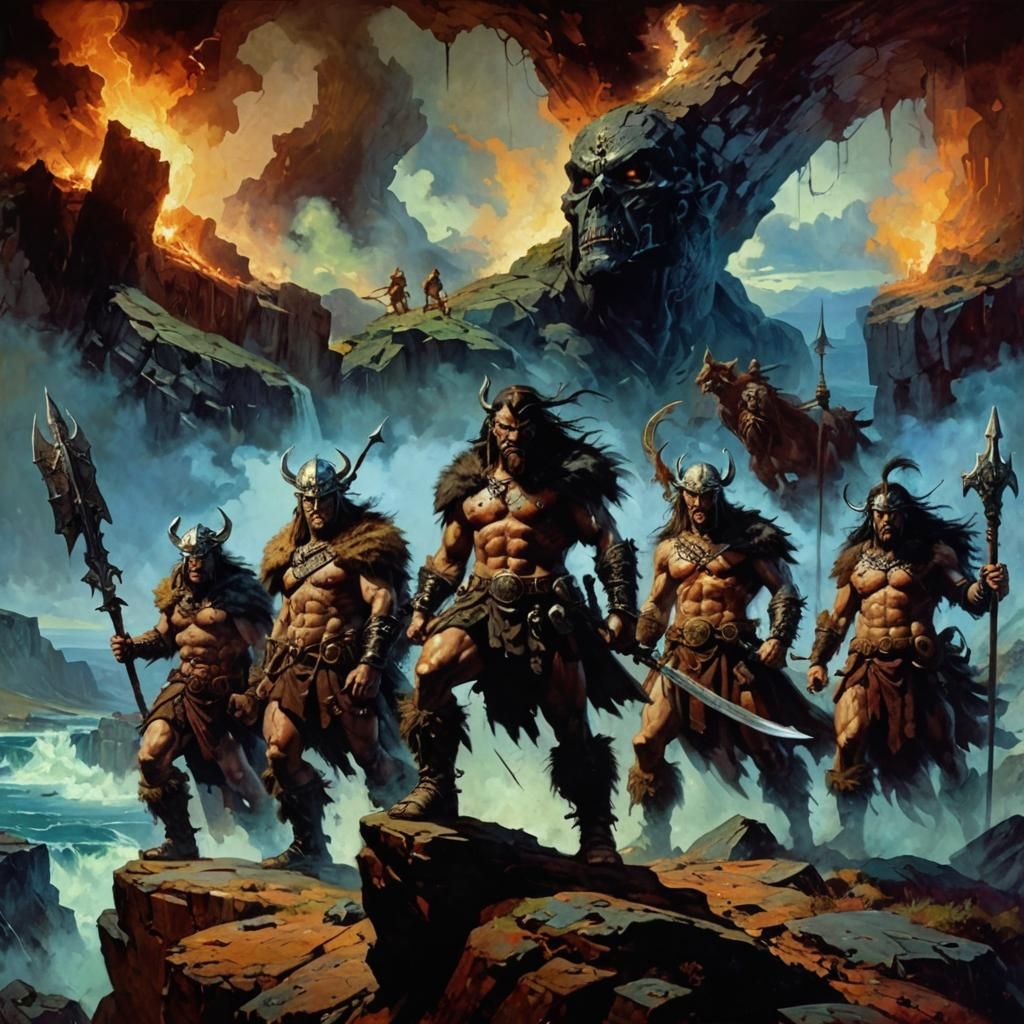 Fierce Gaelic Warriors on Cliff in Franzetta Style