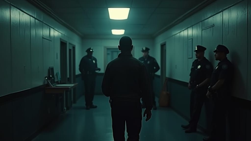 Gritty Police Station Confrontation in Cinematic Style
