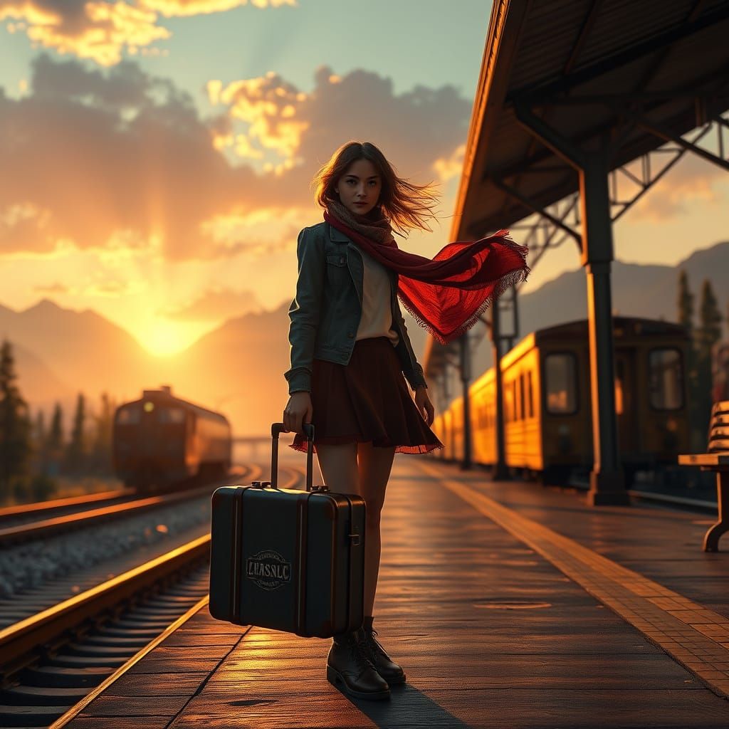 A young woman stands on an old-fashioned train platform with...