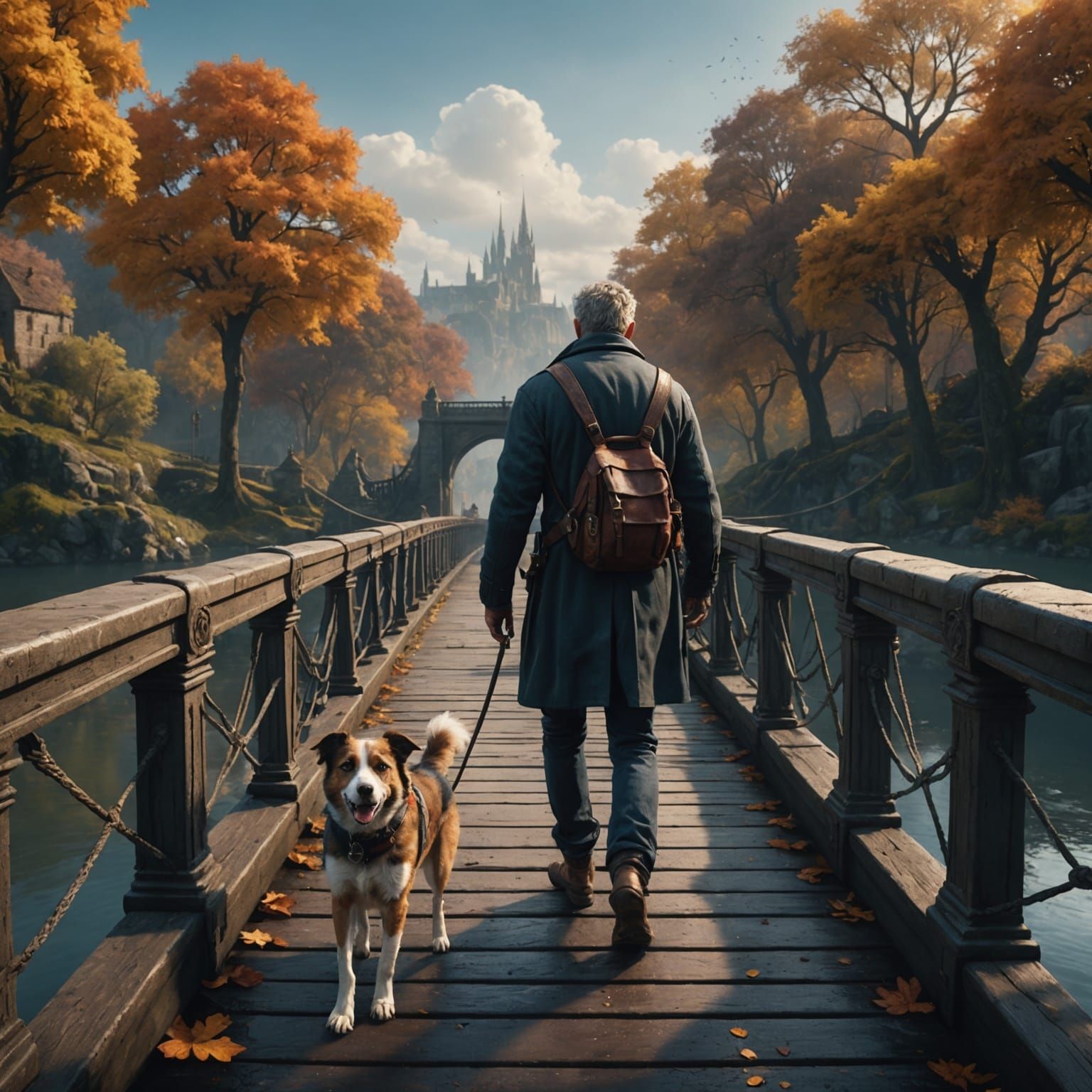 Man and Dog Stroll: Fantasy Matte Painting