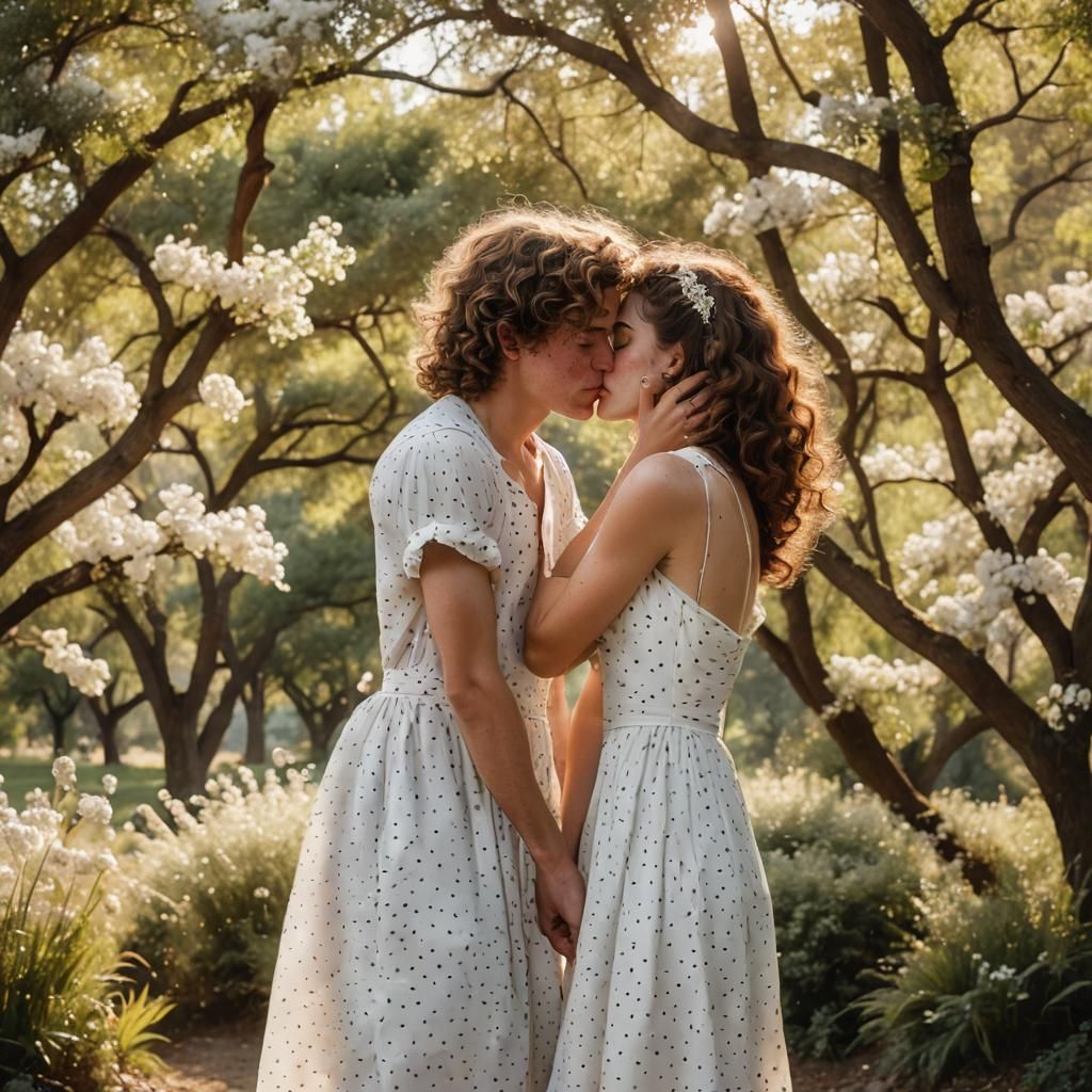 Romantic Couple Shares Tender Kiss in Pastel Portrait