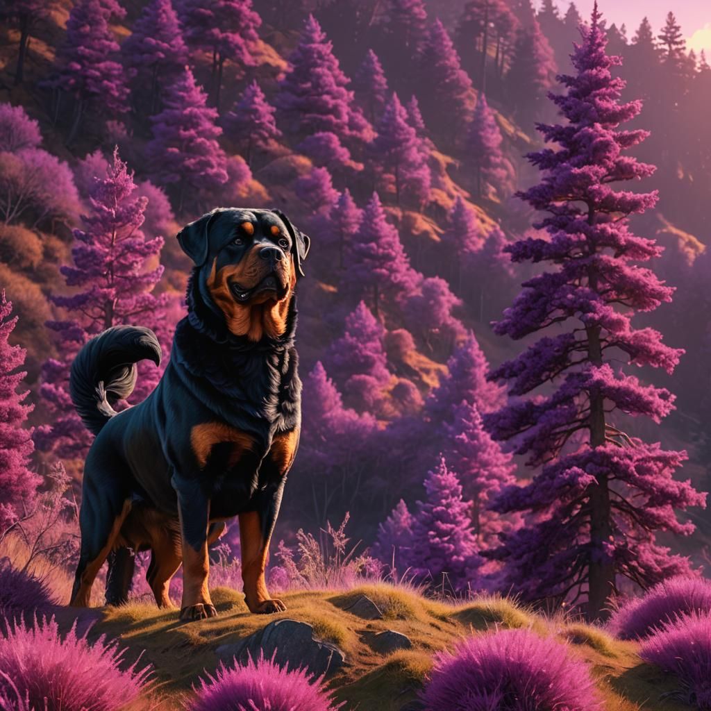 Pink Rottweiler in Fantastical Purple Landscape