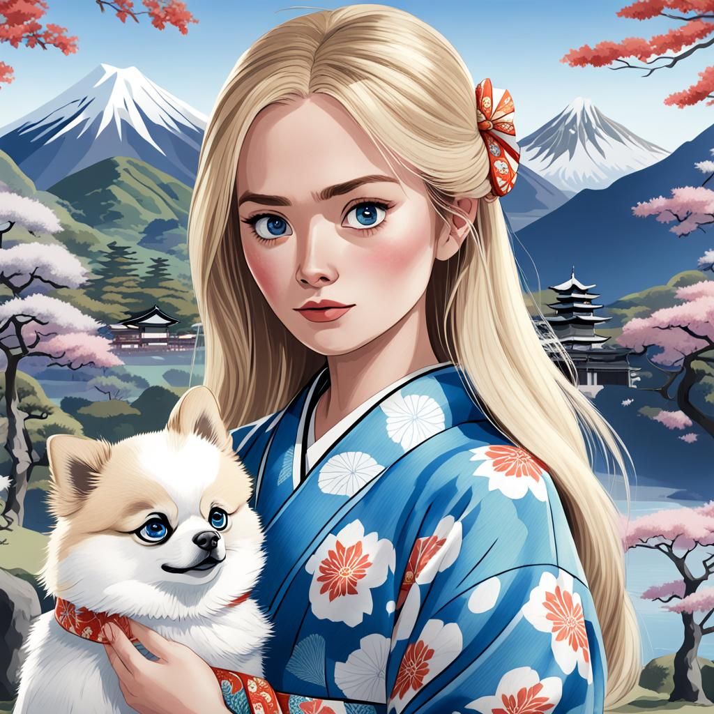 Kimono-Clad Woman with Pomeranian in Serene Landscape