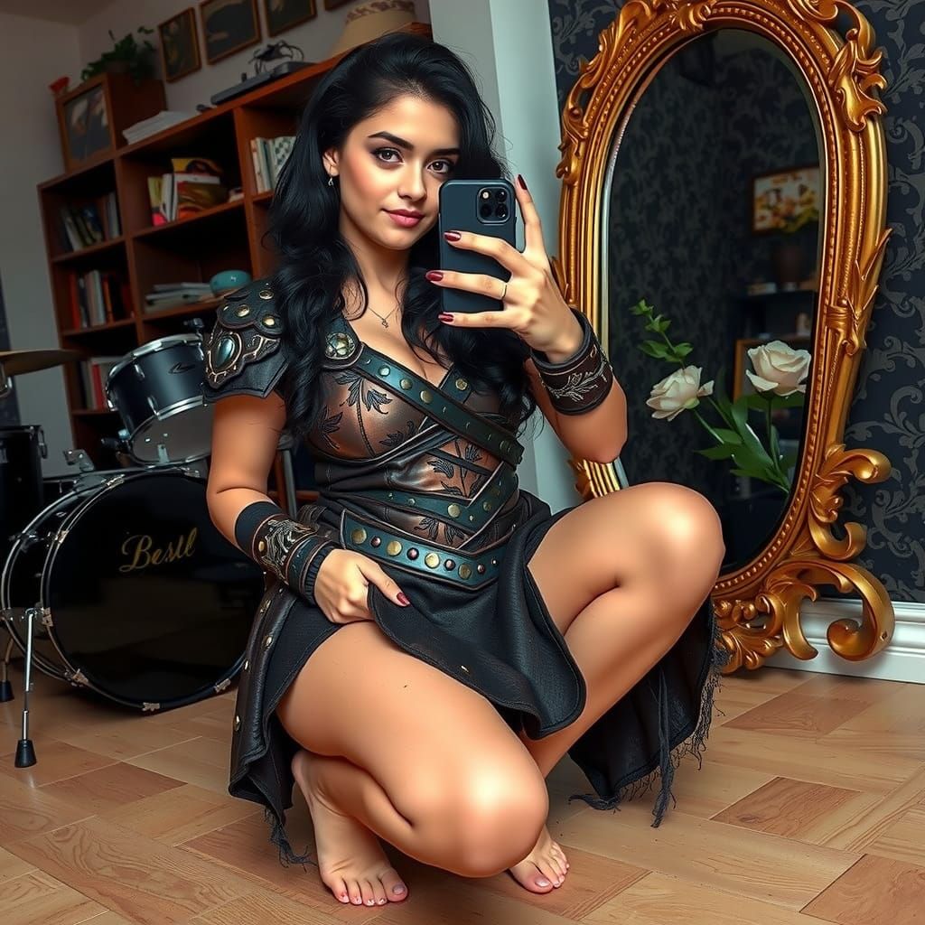Warrior Woman Takes Mirror Selfie in Ornate Room