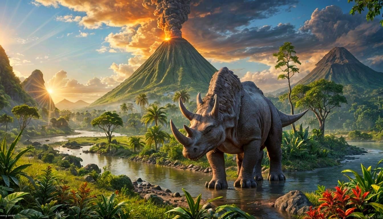 Triceratops in Jurassic Jungle at Sunrise