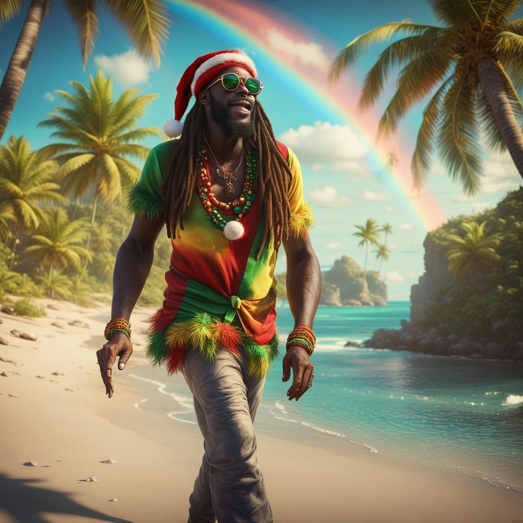 Reggae Santa on Jamaican Beach, Digital Art