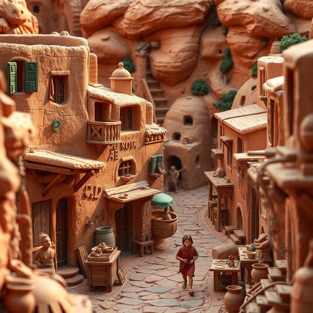 Terracotta Village Scene in Hyperrealistic Style