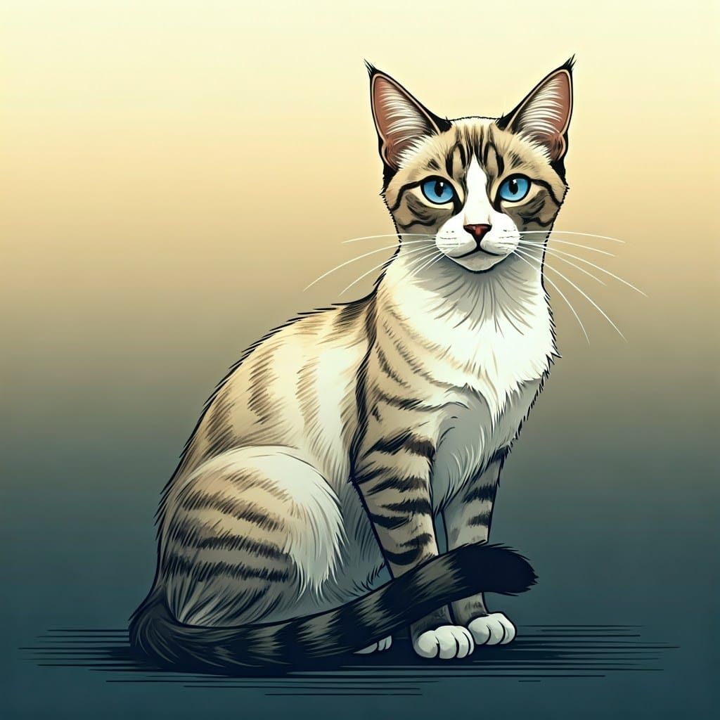 Whimsical Ink Drawing of a Sleek Siamese Cat