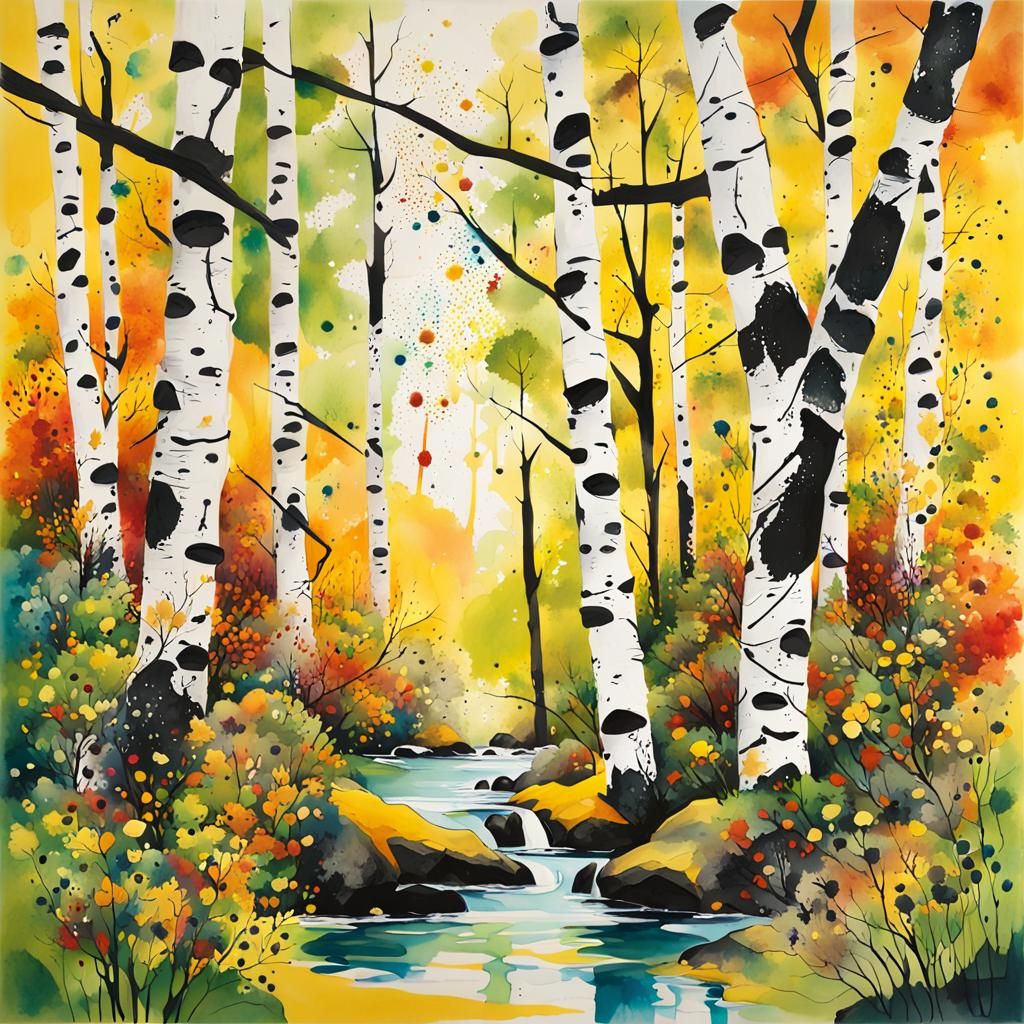 Ink Splatter Birch Glade in Expressionist Style