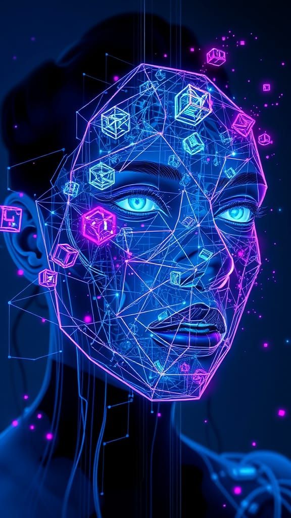 Cyberpunk Face Portrait with Holographic Cubes