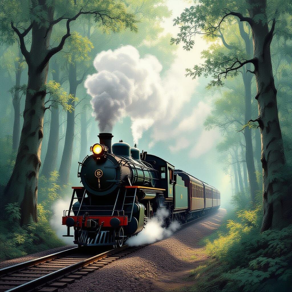 Antique Steam Train in Ethereal Art Nouveau Forest