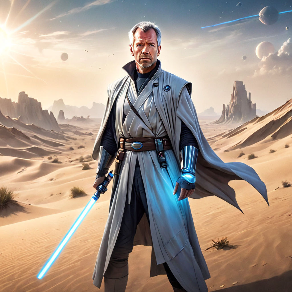 Futuristic Jedi Warrior Stands Tall on Desert Planet