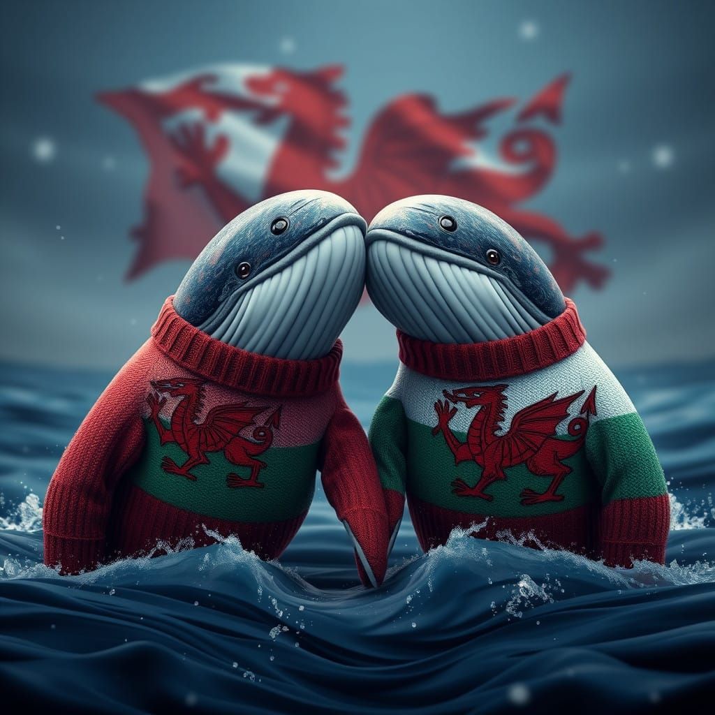 Whales in Traditional Welsh Sweaters, a Fantastical Scene