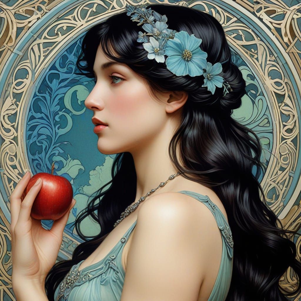 Aphrodite Contemplates an Apple in Art Nouveau Style