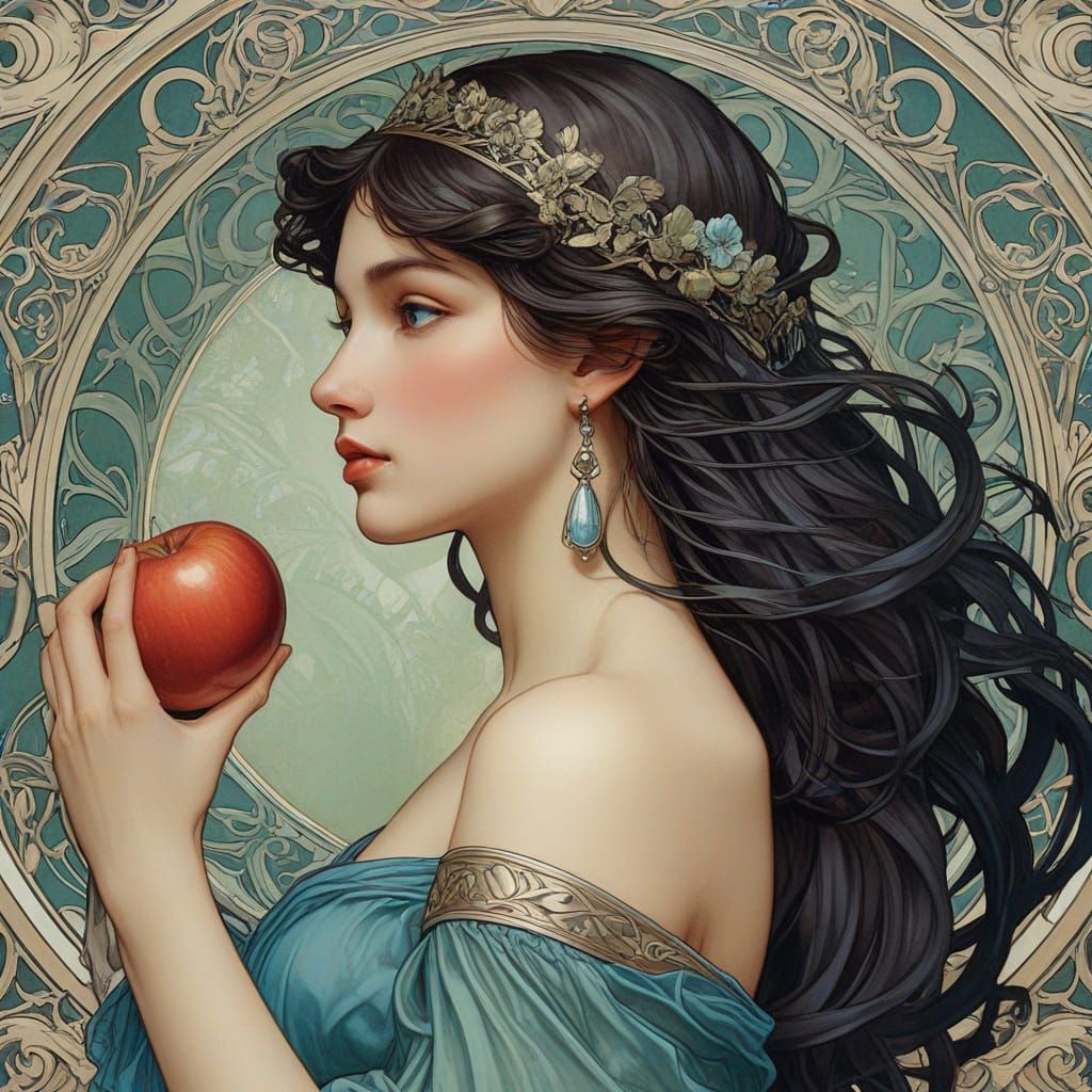 Art Nouveau Aphrodite Contemplates Apple in Painterly Style