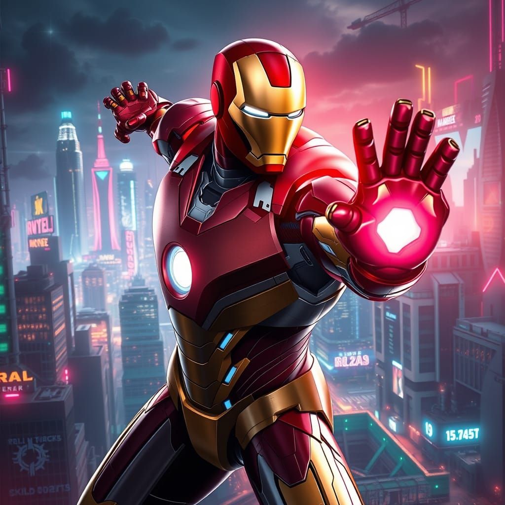 Iron Man in Futuristic Cityscape, Syd Mead Style