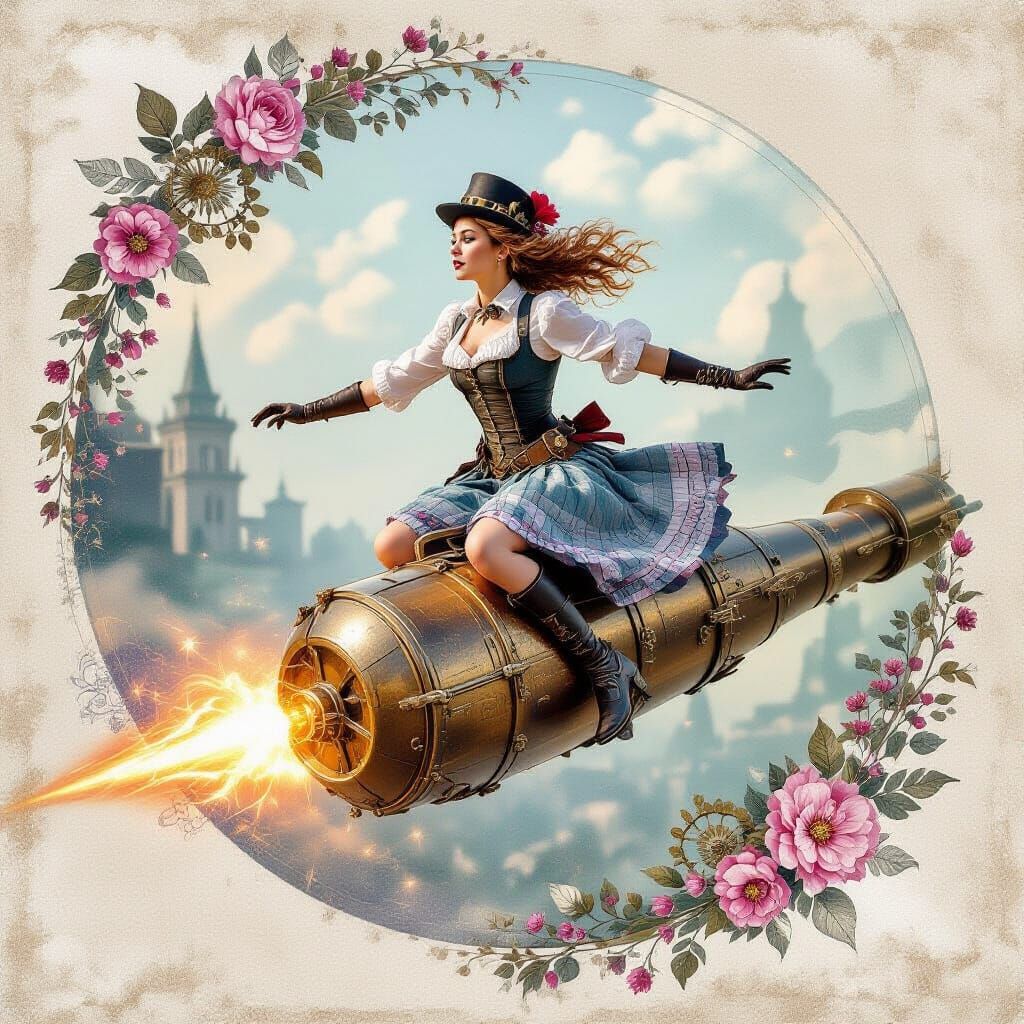 Steampunk Assistant Flies on Cannonball in Watercolor Collag...