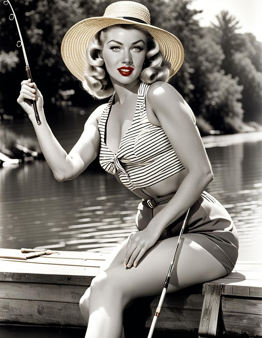 1950s Pin-Up Girl Fishing with Straw Hat