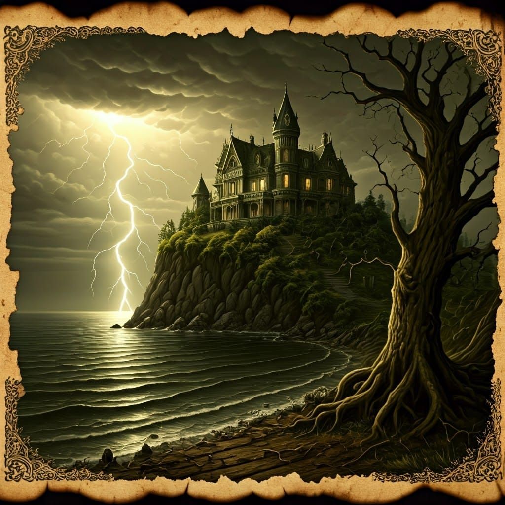 Haunted Victorian Mansion Illustration in Golden Age Style