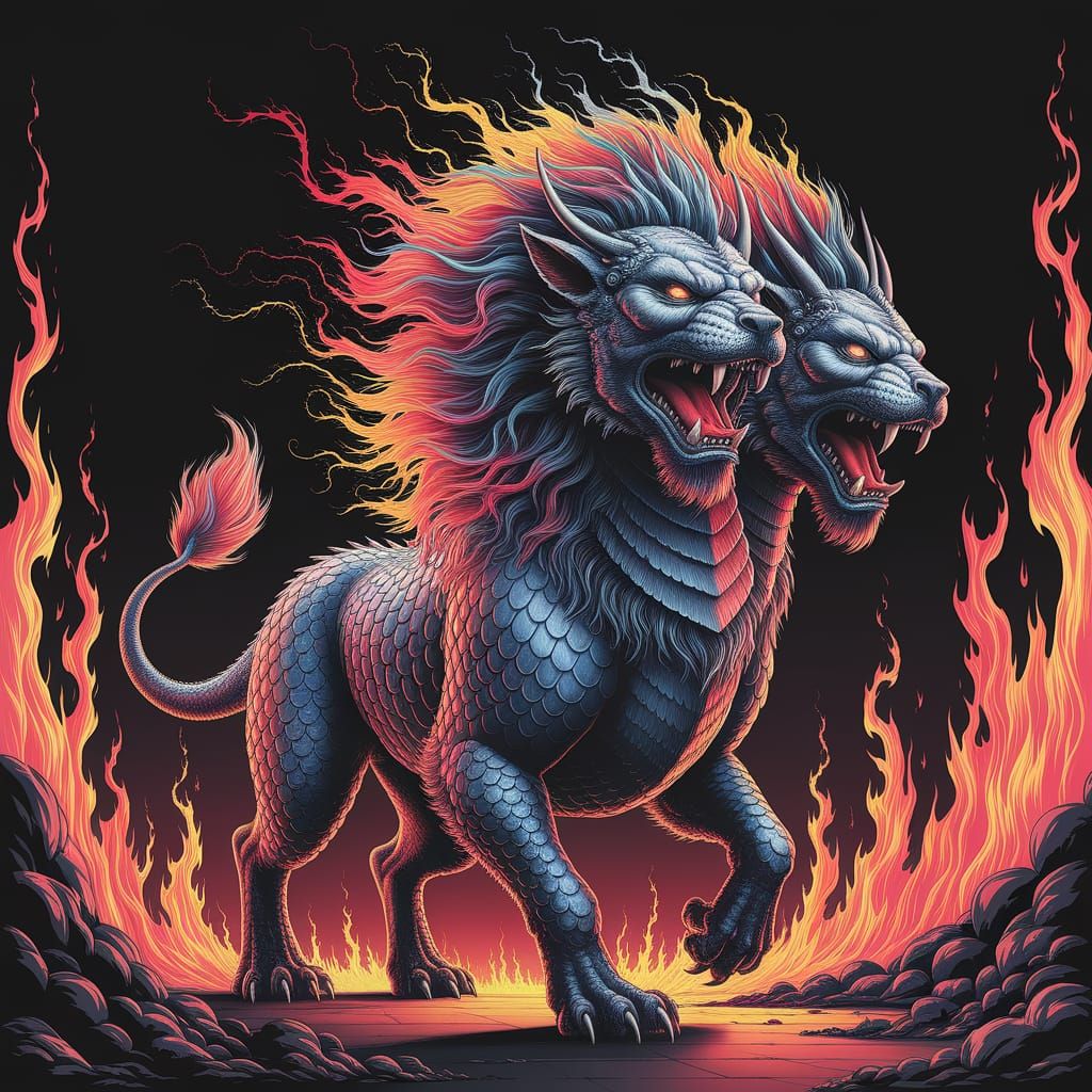 Majestic, Three-Headed Lion Dragon Stands Amidst Blazing Inf...