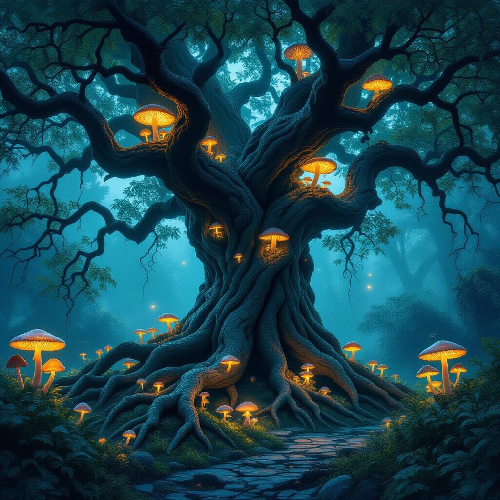 Creepy Garden: Ancient Tree with Bioluminescent Mushrooms