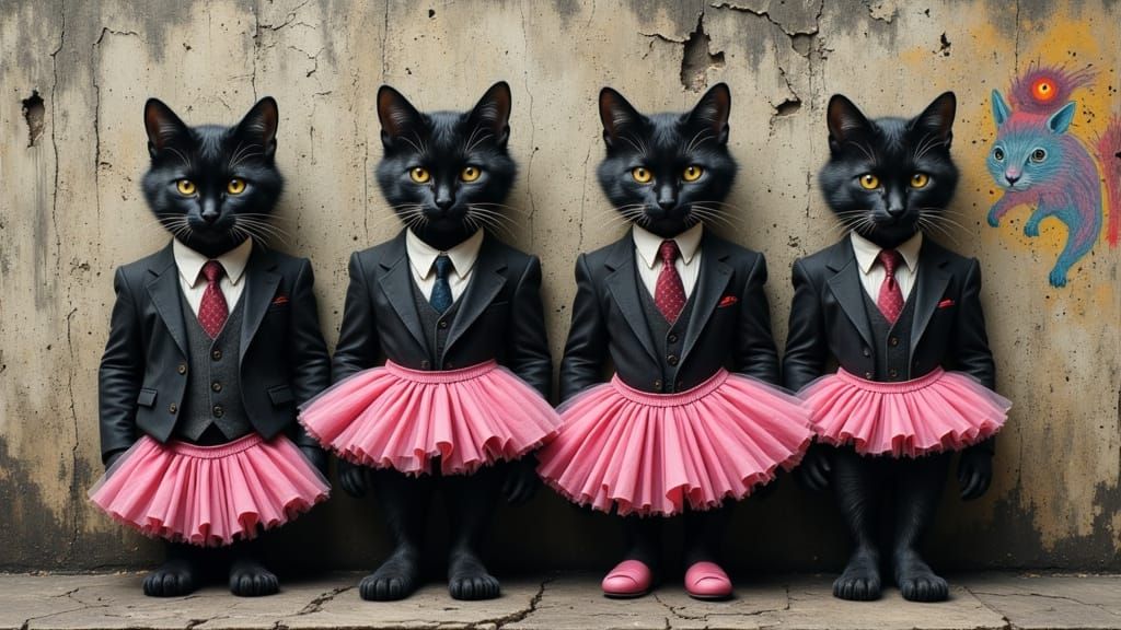 Gangster Kittens in Pink Tutus Against Graffiti Wall