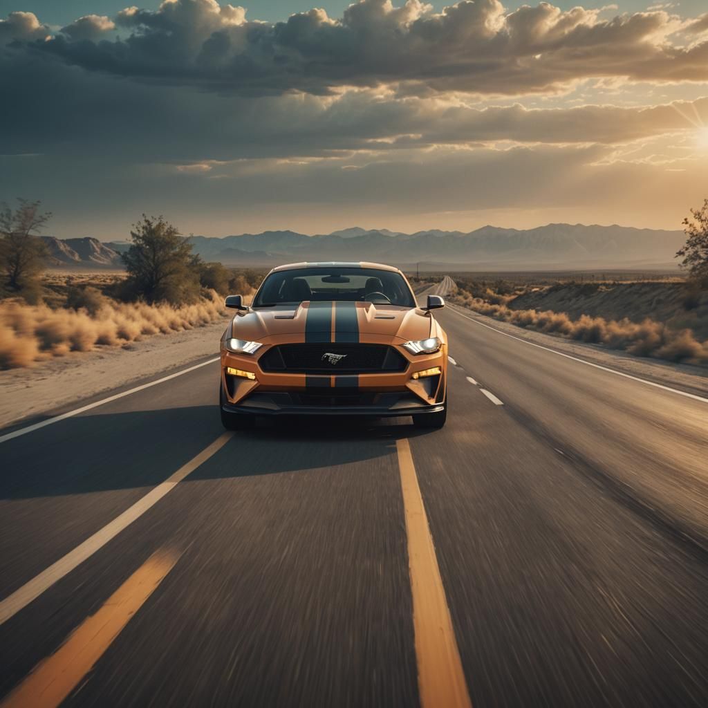 Ford Mustang Speeds Down Highway at Dusk