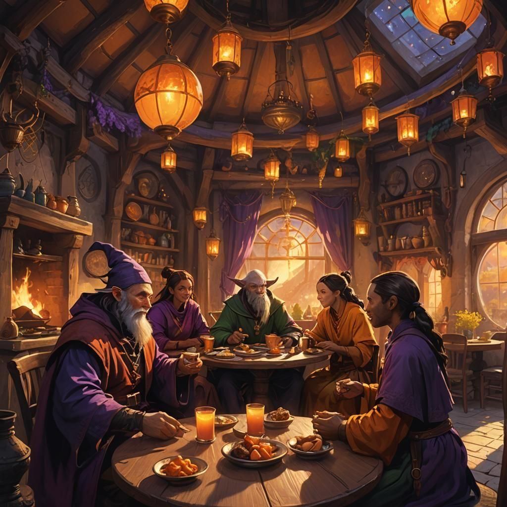 D&D Breakfast Scene with Wizard, Monk and Tiefling