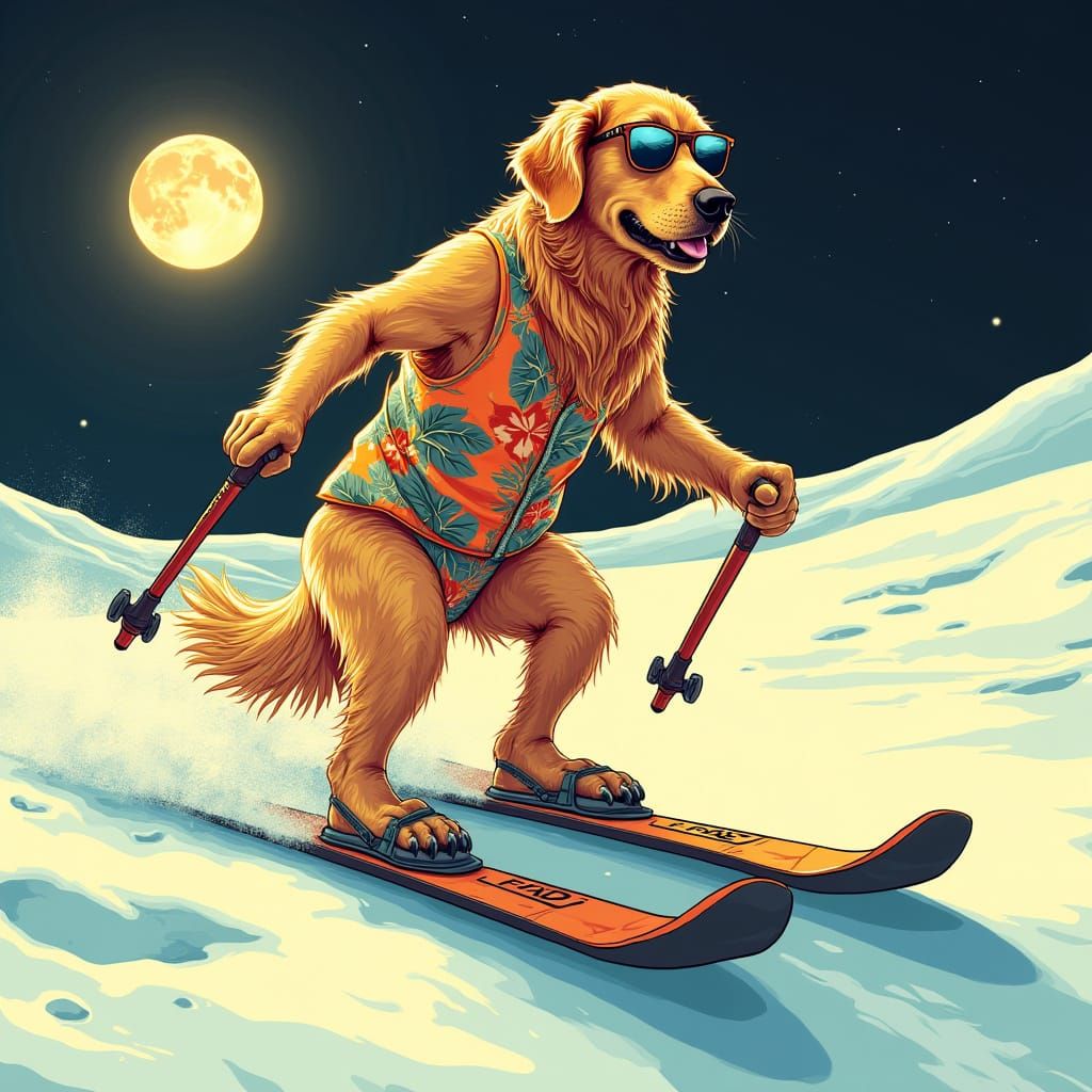 Golden Retriever Skiing on the Moon in Retro-Futuristic Styl...