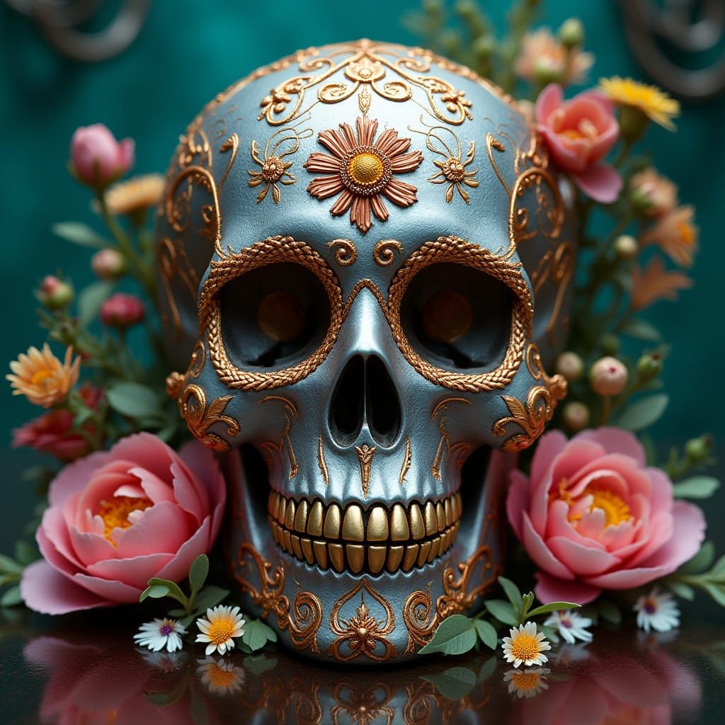 Platinum Sugar Skull with Flowers in Hyperrealism