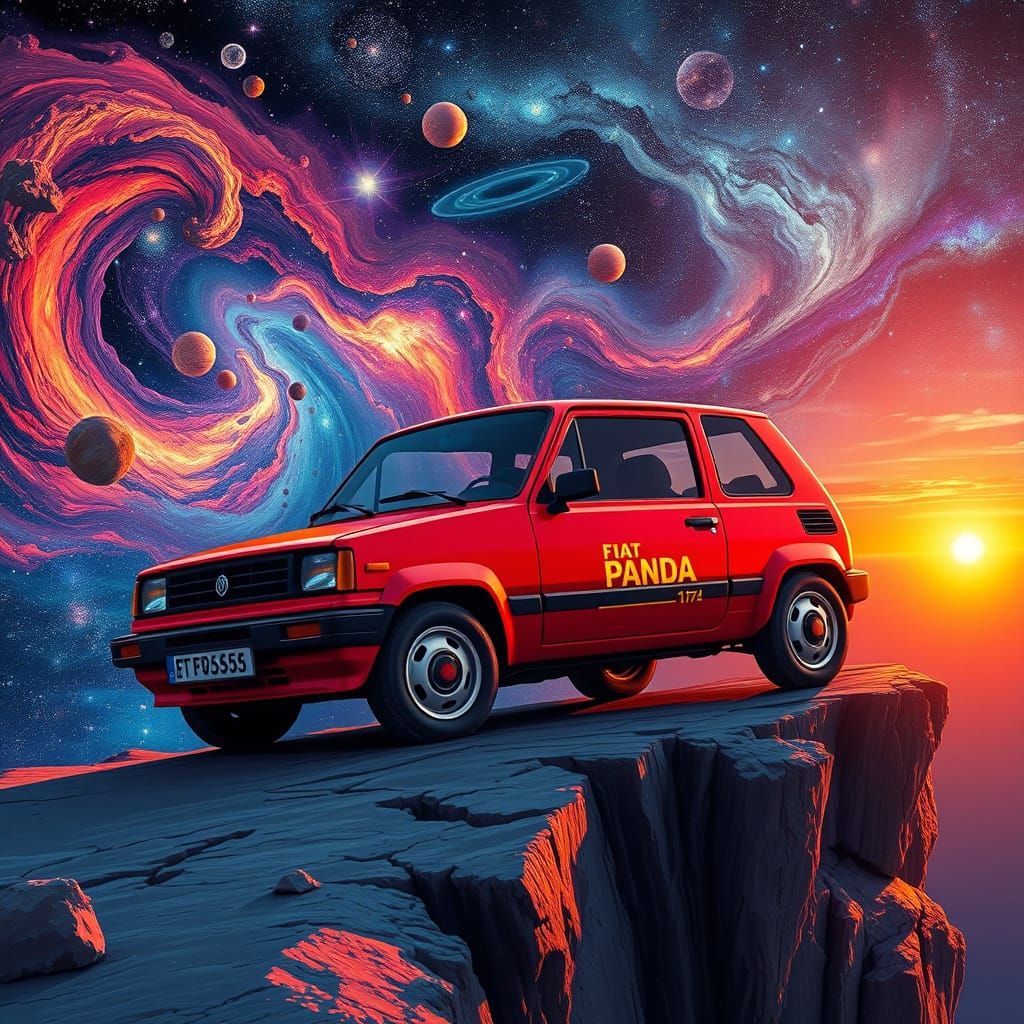Red 1985 Fiat Panda on Clifftop with Cosmic Background