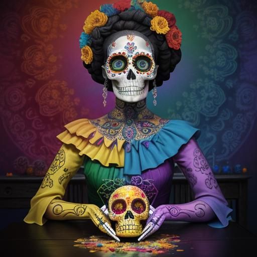 Colorful Sugar Skull Surrounded by Marigolds