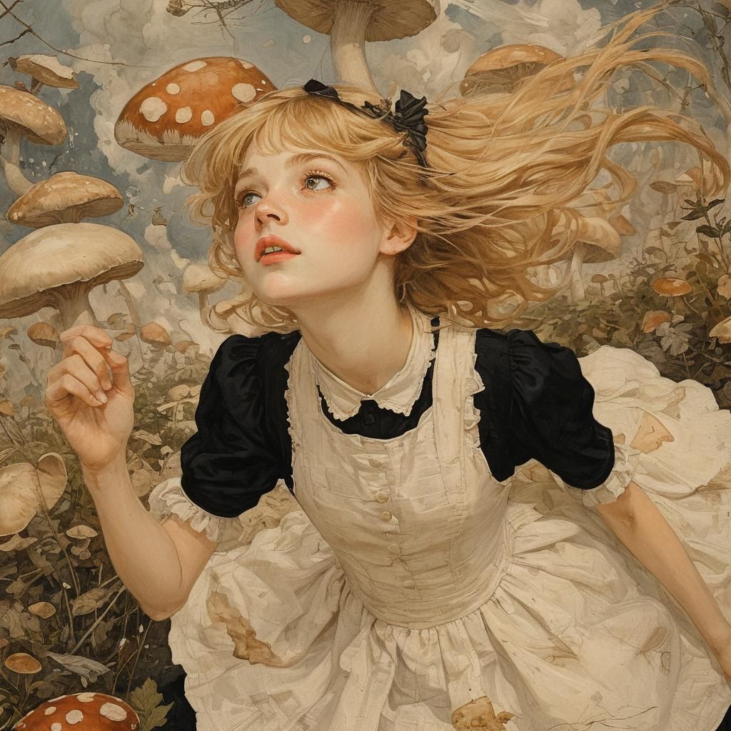 Alice in Mushroom Field: Vintage Illustration