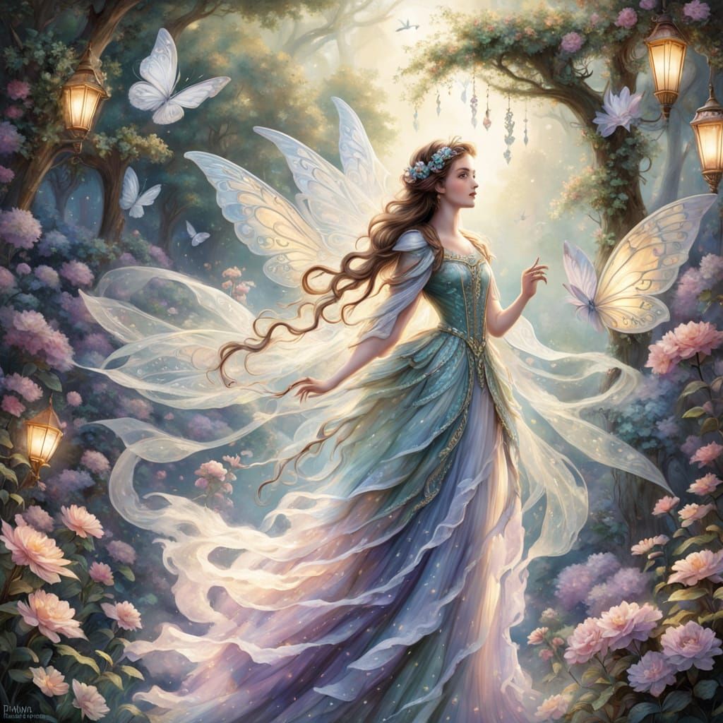 Whimsical Fairy with Iridescent Wings in Ethereal Light