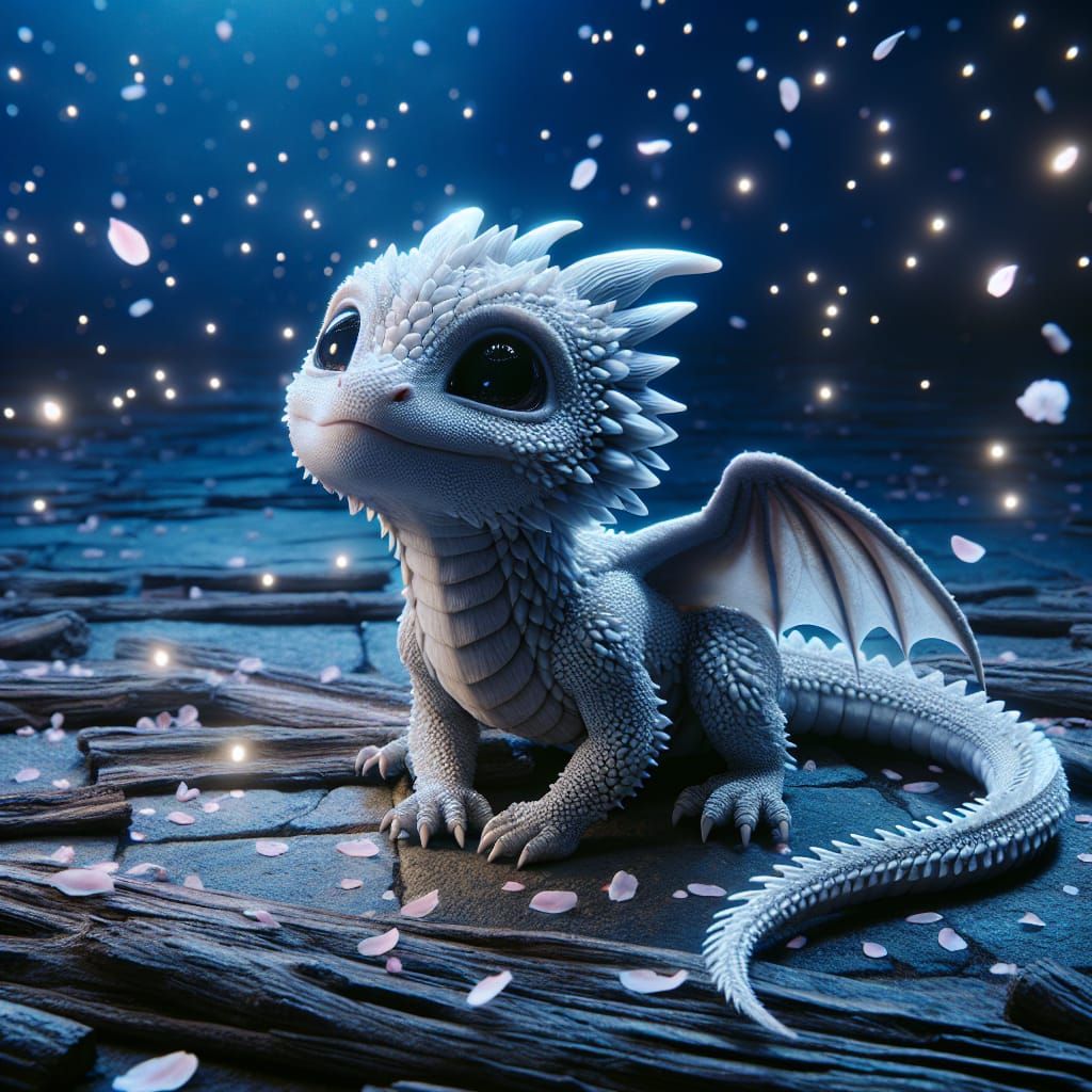 Adorable Baby Dragon in Falling Sakura Petals