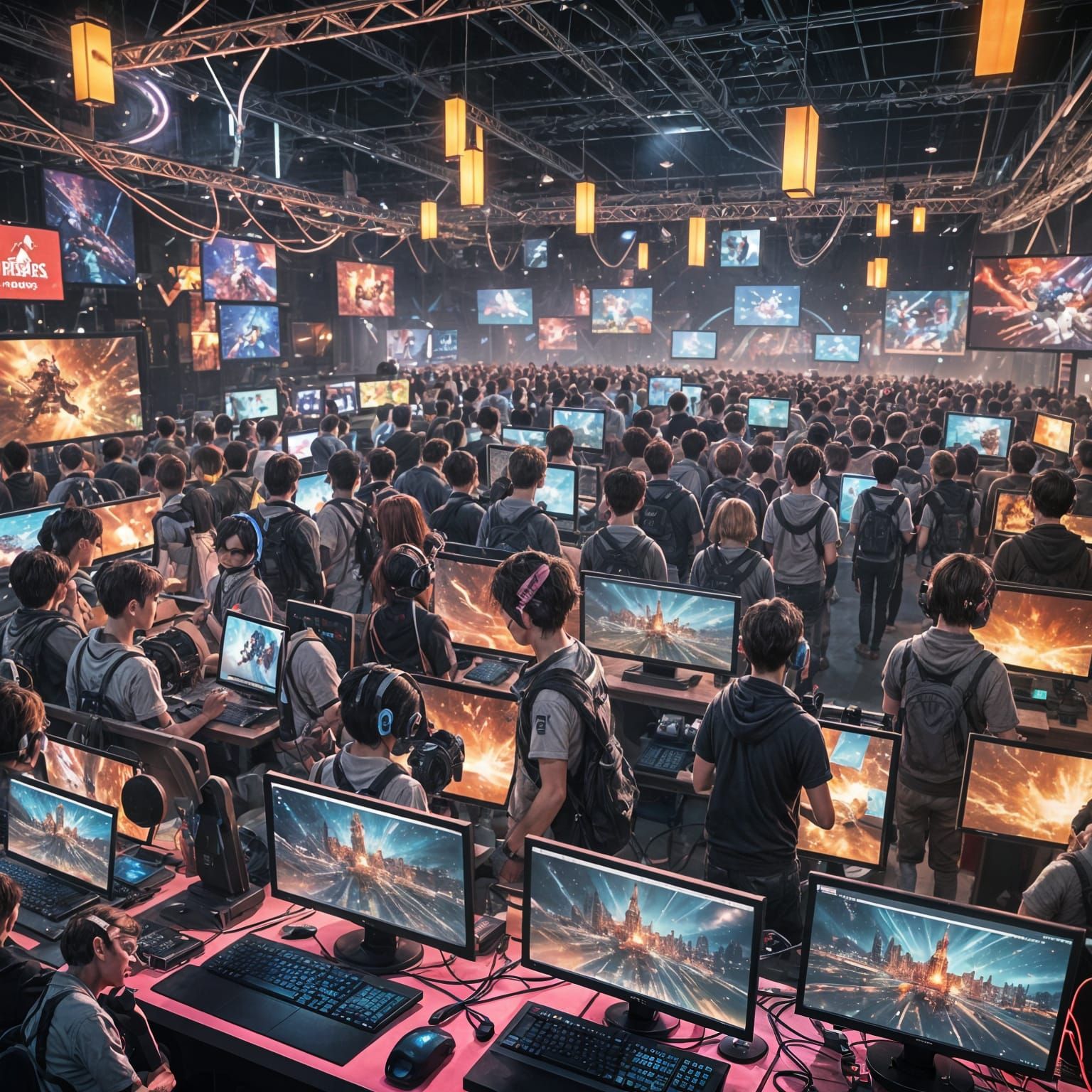 Online Gamers at Party in Colorful Anime Style