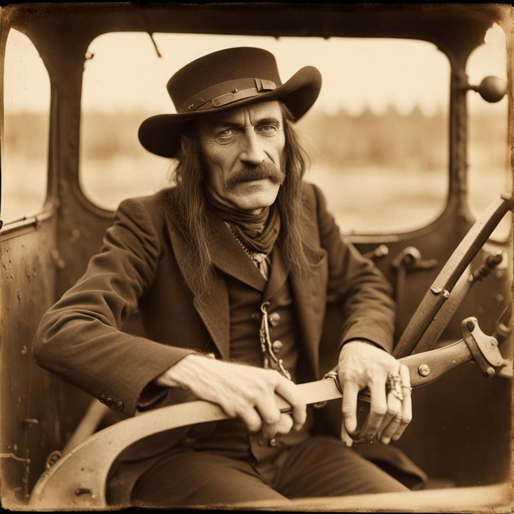 Bassist in Cyberpunk Style Driving Vintage Car