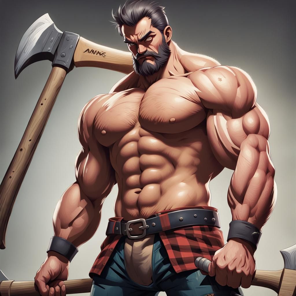 Anime Lumberjack with Axe, Cel-Shaded Style