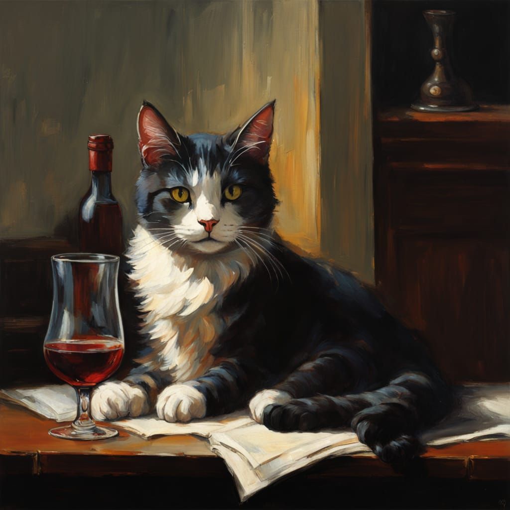 Traditional Still Life of Cat, Red Wine, and Old Computer in...